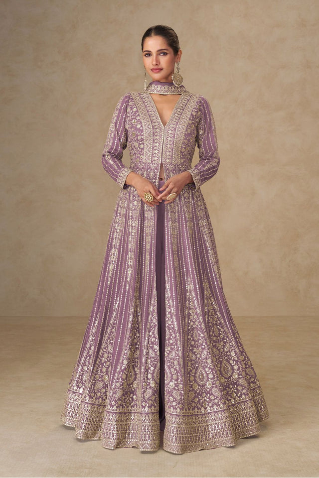 Free Size Stitched Purple Sequin with Embroidered Chinon Anarkali Suits (ACA8564)