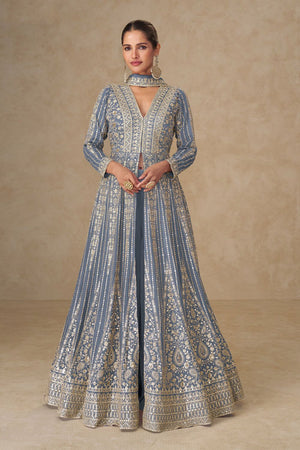 Free Size Stitched Grey Sequin with Embroidered Chinon Anarkali Suits (ACA8565)