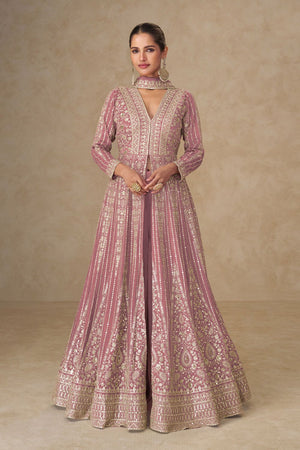 Free Size Stitched Pink Sequin with Embroidered Chinon Anarkali Suits (ACA8566)