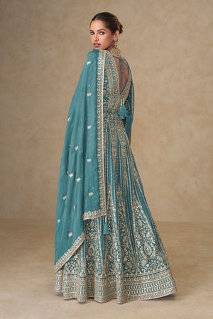 Free Size Stitched Sea Green Sequin with Embroidered Chinon Anarkali Suits (ACA8567)