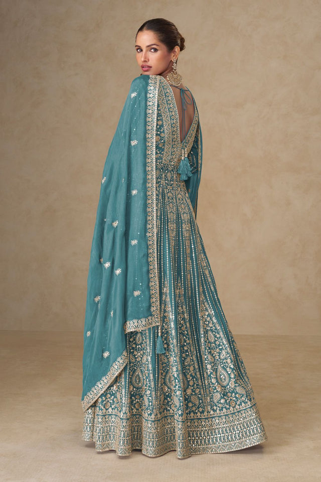 Free Size Stitched Sea Green Sequin with Embroidered Chinon Anarkali Suits (ACA8567)