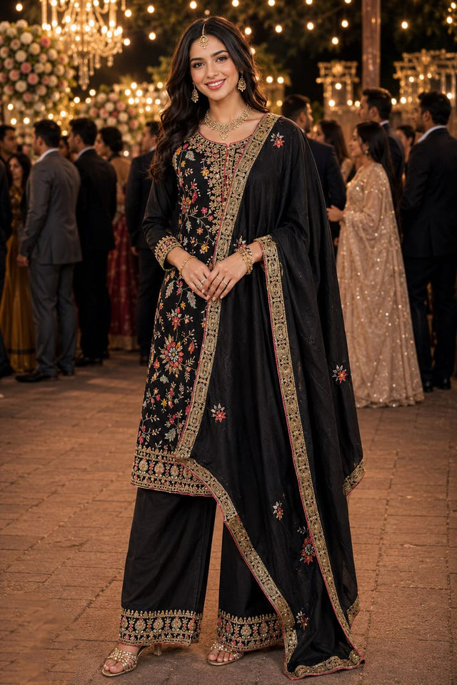 Black Embroidered Chinon Palazzo Suit (ACA8568)