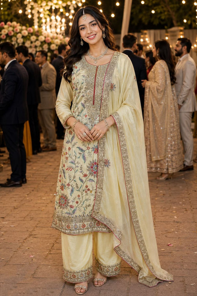 Cream Embroidered Chinon Palazzo Suit (ACA8569)