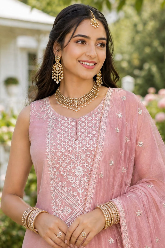 Pink Embroidered Chinon Palazzo Suit (ACA8570)