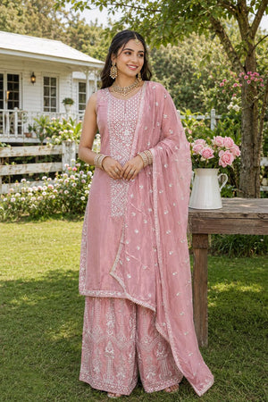 Pink Embroidered Chinon Palazzo Suit (ACA8570)