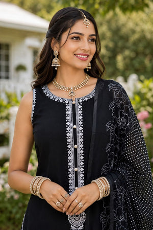 Black Embroidered Chinon Palazzo Suit (ACA8571)