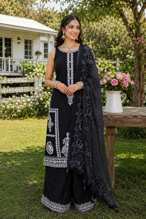 Black Embroidered Chinon Palazzo Suit (ACA8571)