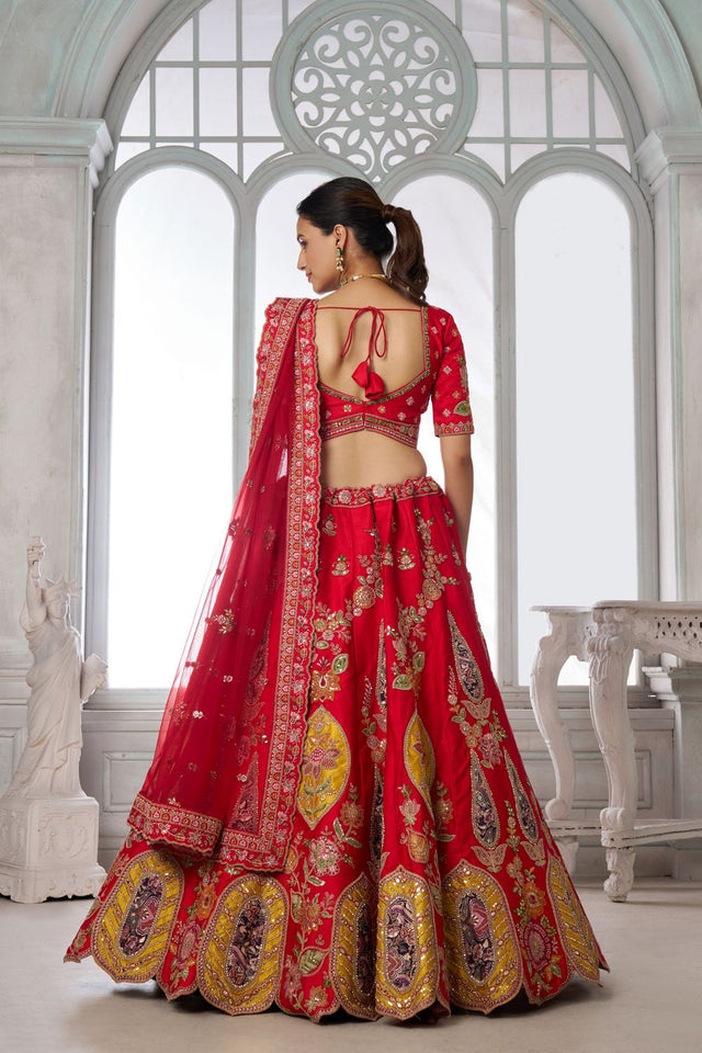 Red Sequin with Floral Embroidered Silk Lehenga (ACA8573)