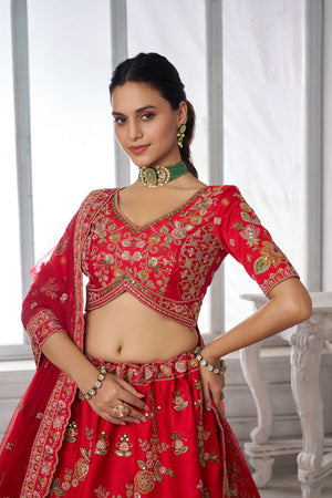 Red Sequin with Floral Embroidered Silk Lehenga (ACA8573)