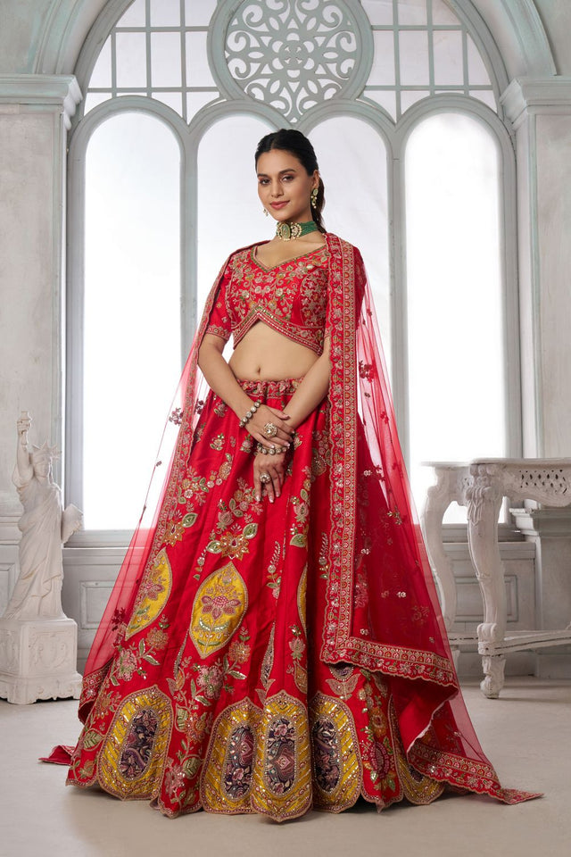 Red Sequin with Floral Embroidered Silk Lehenga (ACA8573)