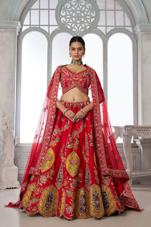 Red Sequin with Floral Embroidered Silk Lehenga (ACA8573)