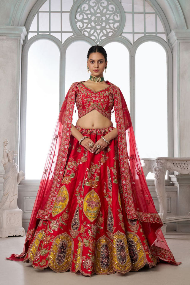 Red Sequin with Floral Embroidered Silk Lehenga (ACA8573)
