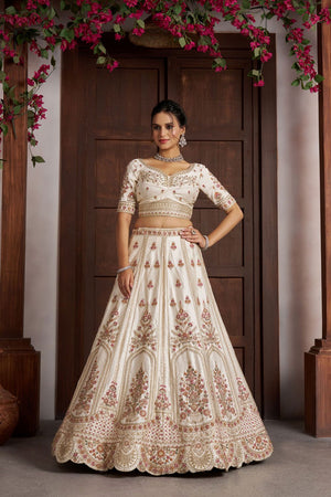 Cream Sequin with Floral Embroidered Silk Lehenga (ACA8574)