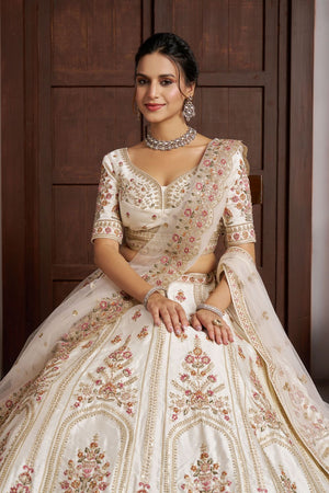 Cream Sequin with Floral Embroidered Silk Lehenga (ACA8574)