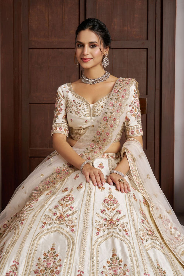Cream Sequin with Floral Embroidered Silk Lehenga (ACA8574)