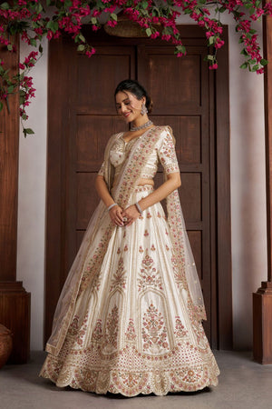 Cream Sequin with Floral Embroidered Silk Lehenga (ACA8574)