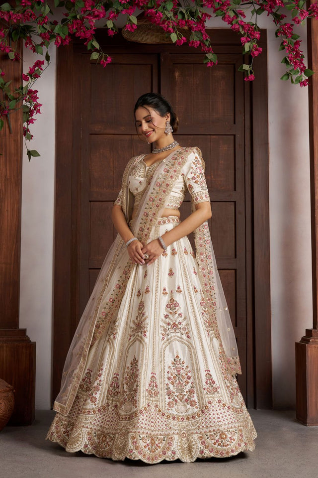 Cream Sequin with Floral Embroidered Silk Lehenga (ACA8574)