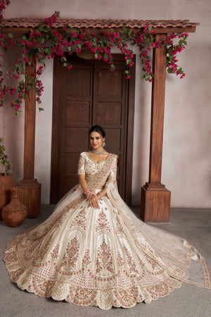 Cream Sequin with Floral Embroidered Silk Lehenga (ACA8574)