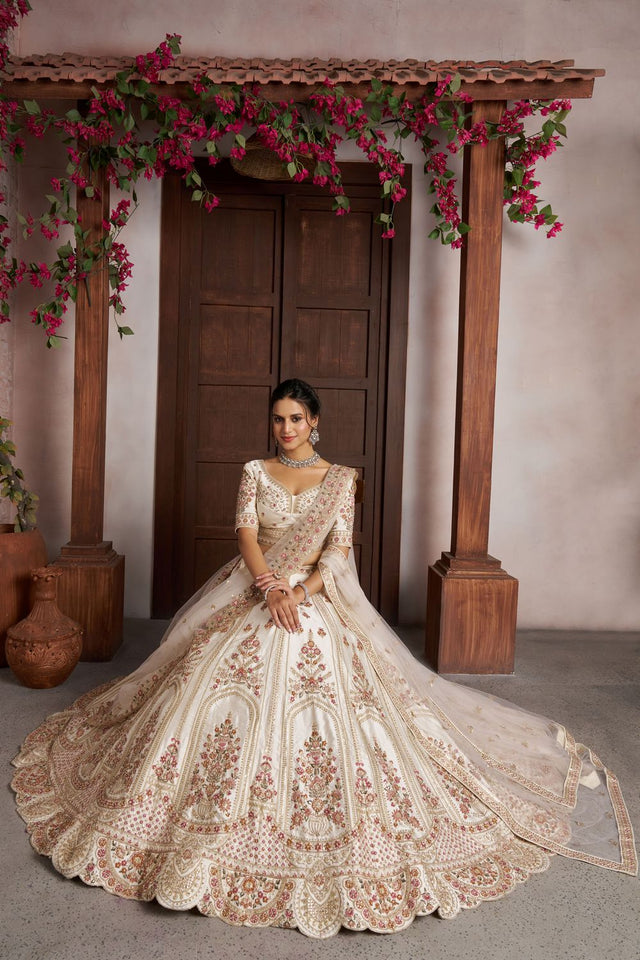 Cream Sequin with Floral Embroidered Silk Lehenga (ACA8574)