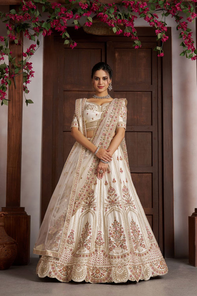 Cream Sequin with Floral Embroidered Silk Lehenga (ACA8574)