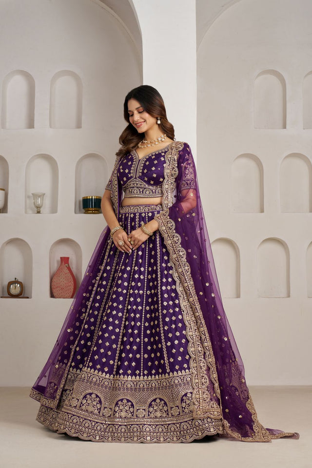 Purple Sequin with Floral Embroidered Silk Lehenga (ACA8575)