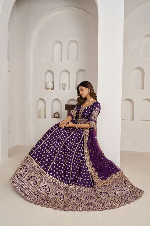Purple Sequin with Floral Embroidered Silk Lehenga (ACA8575)