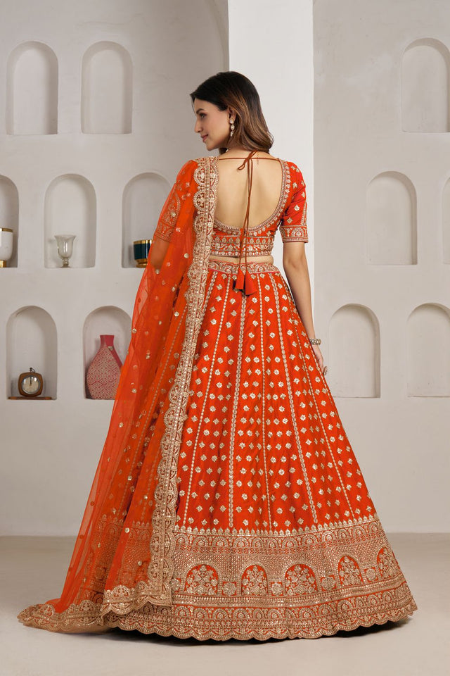 Rust Sequin with Floral Embroidered Silk Lehenga (ACA8577)