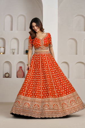 Rust Sequin with Floral Embroidered Silk Lehenga (ACA8577)