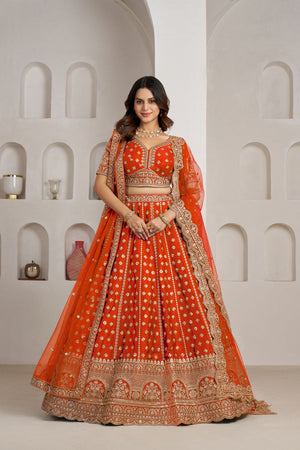 Rust Sequin with Floral Embroidered Silk Lehenga (ACA8577)