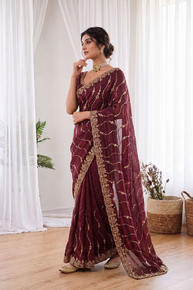 Maroon Sequin with Floral Embroidered Silk Saree (ACA8589)