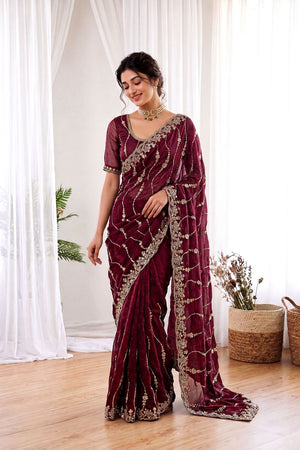 Maroon Sequin with Floral Embroidered Silk Saree (ACA8589)