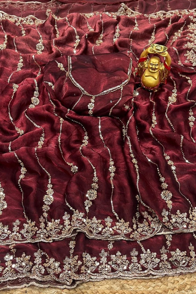 Maroon Sequin with Floral Embroidered Silk Saree (ACA8589)