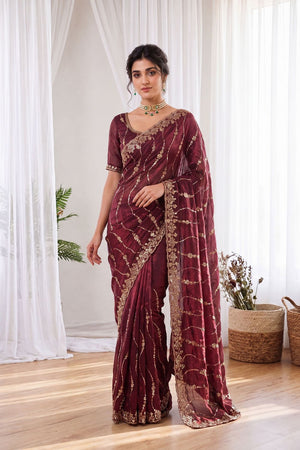 Maroon Sequin with Floral Embroidered Silk Saree (ACA8589)