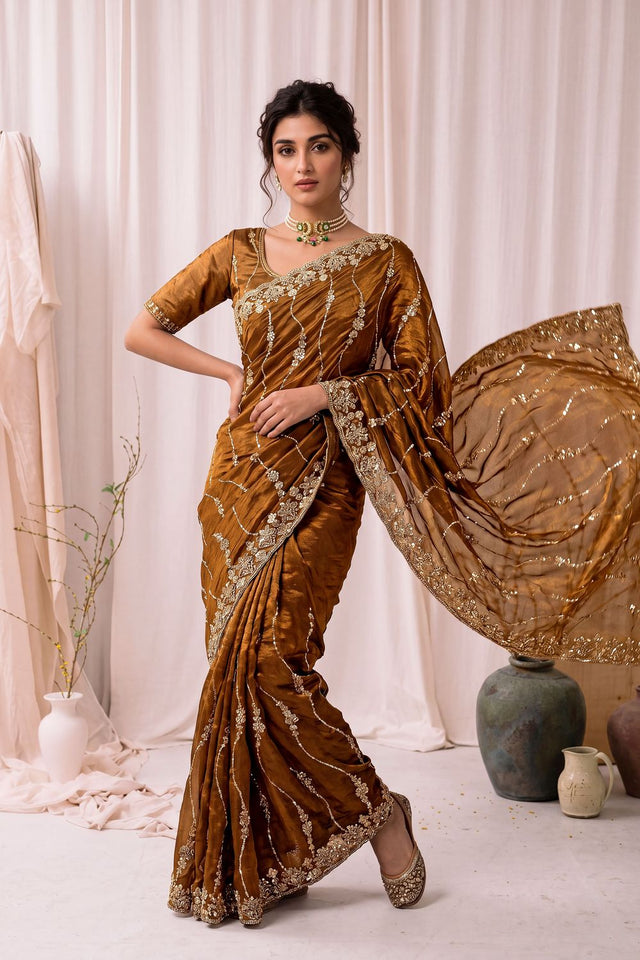 Gold Sequin with Floral Embroidered Silk Saree (ACA8590)