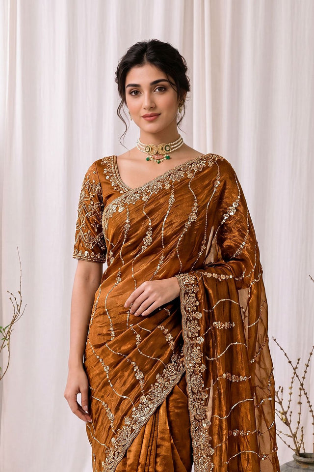 Gold Sequin with Floral Embroidered Silk Saree (ACA8590)