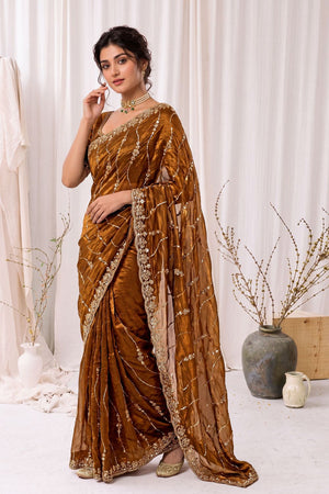 Gold Sequin with Floral Embroidered Silk Saree (ACA8590)