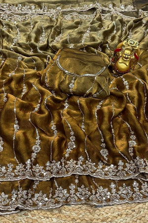 Gold Sequin with Floral Embroidered Silk Saree (ACA8590)