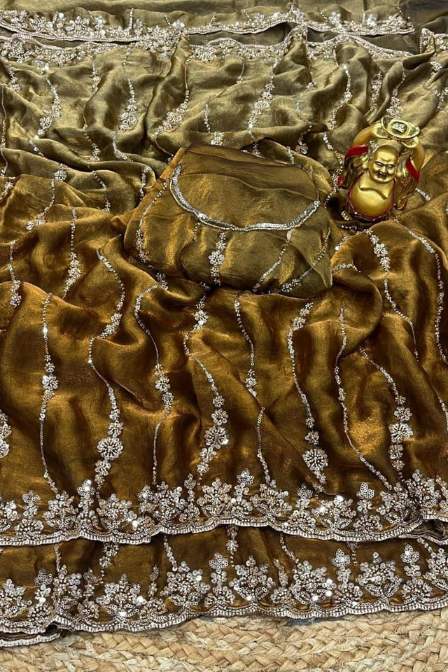 Gold Sequin with Floral Embroidered Silk Saree (ACA8590)