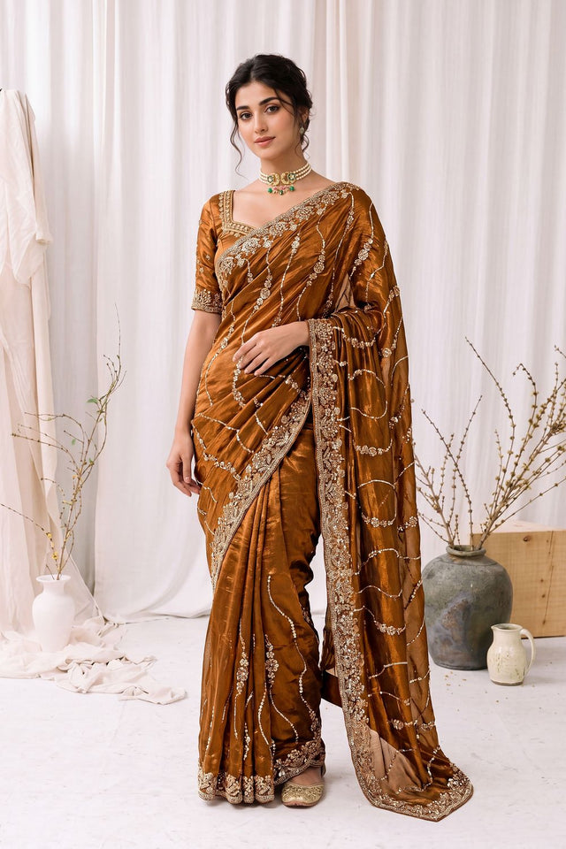 Gold Sequin with Floral Embroidered Silk Saree (ACA8590)