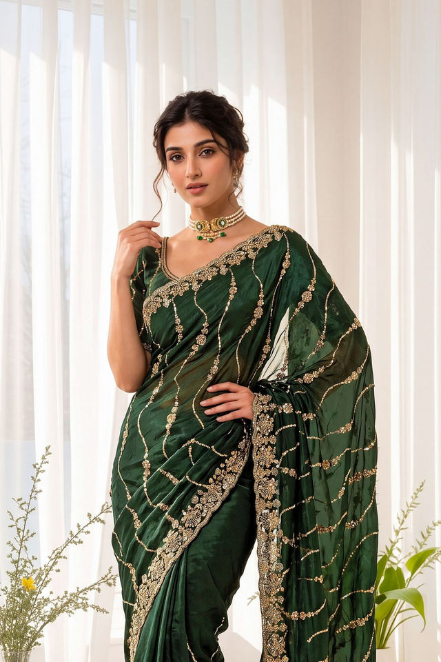 Green Sequin with Floral Embroidered Silk Saree (ACA8591)