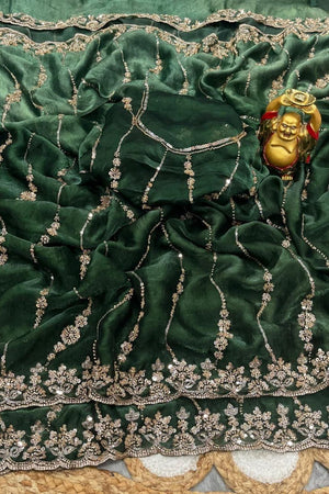 Green Sequin with Floral Embroidered Silk Saree (ACA8591)