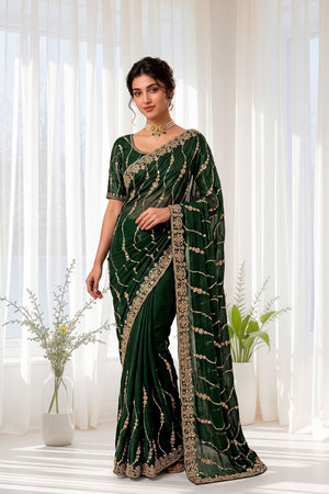 Green Sequin with Floral Embroidered Silk Saree (ACA8591)