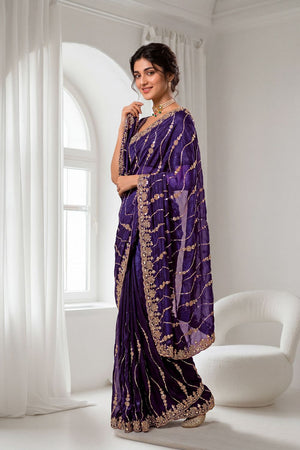 Purple Sequin with Floral Embroidered Silk Saree (ACA8592)