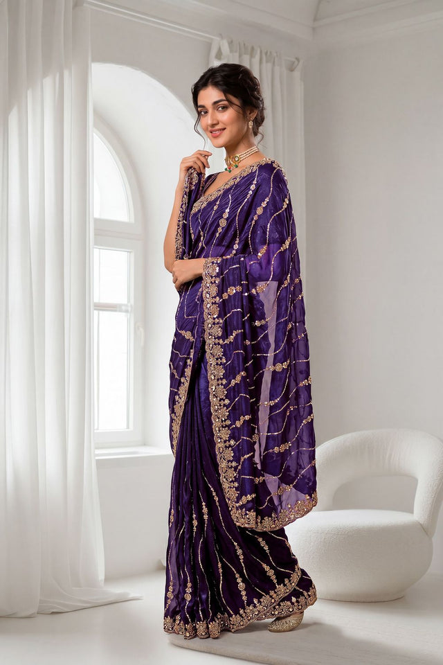 Purple Sequin with Floral Embroidered Silk Saree (ACA8592)