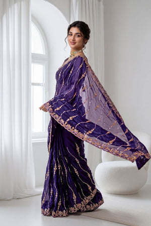 Purple Sequin with Floral Embroidered Silk Saree (ACA8592)