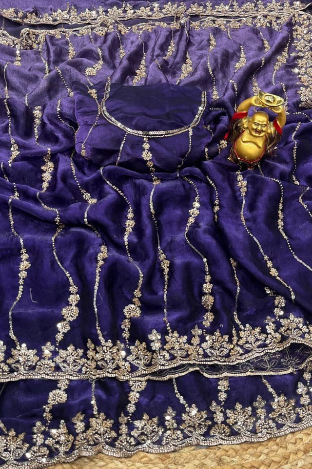 Purple Sequin with Floral Embroidered Silk Saree (ACA8592)
