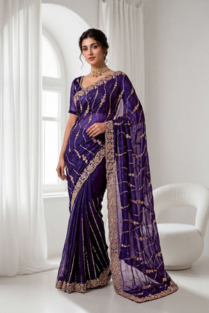 Purple Sequin with Floral Embroidered Silk Saree (ACA8592)
