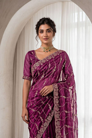 Maroon Sequin with Floral Embroidered Silk Saree (ACA8593)