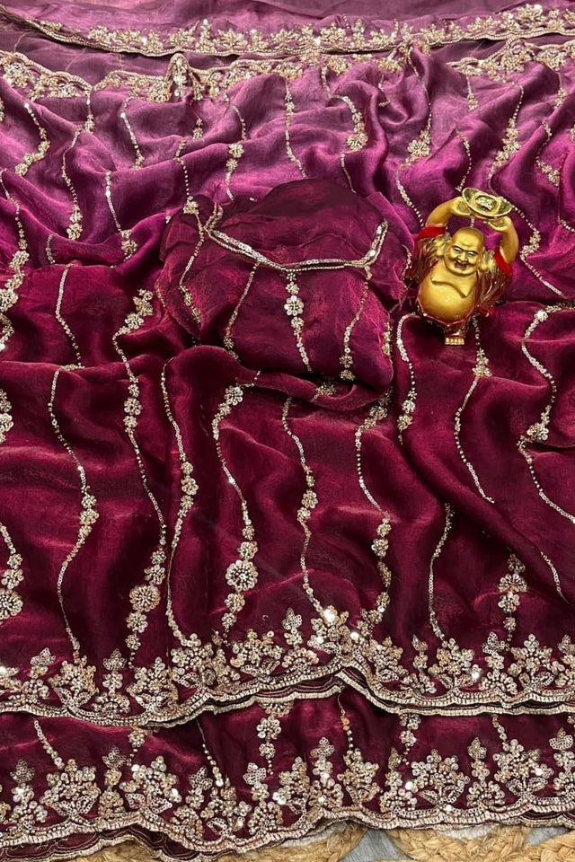 Maroon Sequin with Floral Embroidered Silk Saree (ACA8593)