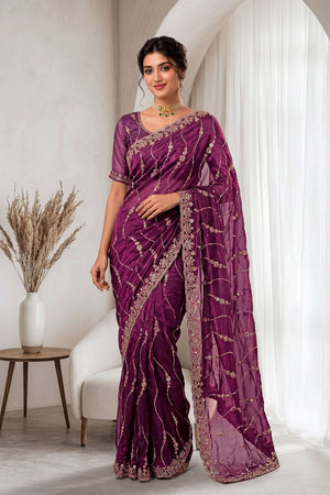 Maroon Sequin with Floral Embroidered Silk Saree (ACA8593)